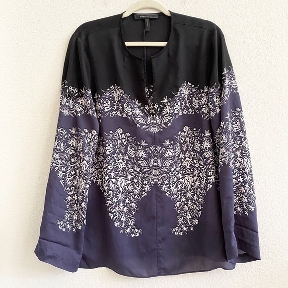 BCBGMaxazria Print Boho Top Black Navy Blue White Floral Paisley Roll Tab Size L - Picture 3 of 11